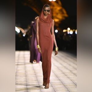 Yves Saint Laurent YSL Burgundy Hooded Sheer Sleeveless Gown